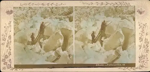 Stereo Foto Schweiz, Kletterpartie, Bergsteiger auf einem Gletscher