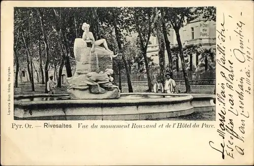 Ak Rivesaltes Pyrénées Orientales, Vue du Monument Rouzand et de l'Hotel du Parc