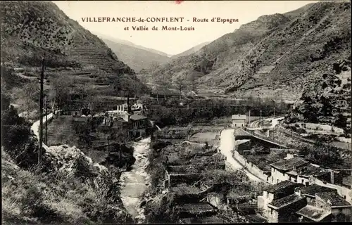 Ak Villefranche de Conflent Pyrénées Orientales, Route d'Espagne et Vallee de Mont Louis