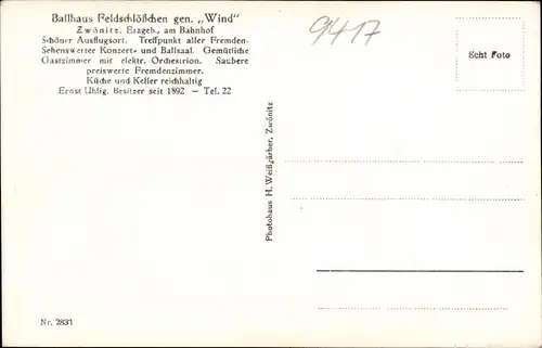 Ak Zwönitz Erzgebirge, Ballhaus Feldschlößchen, gennant Wind, Innenansicht, Bes. Uhlig