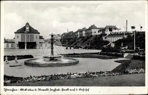 Ak Glauchau in Sachsen, Oswald Seyfert Park, Brunnen, Bahnhof