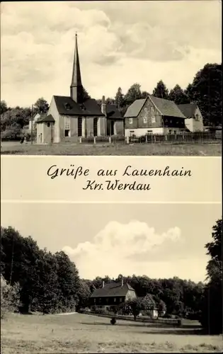 Ak Lauenhain Crimmitschau Sachsen, Kirche, Fachwerkhaus, Wald