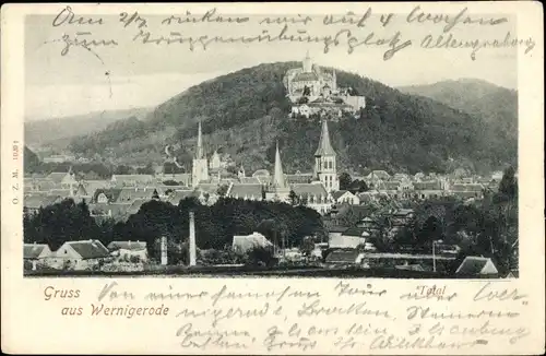 Ak Wernigerode am Harz, Blick über die Dächer auf das Schloss
