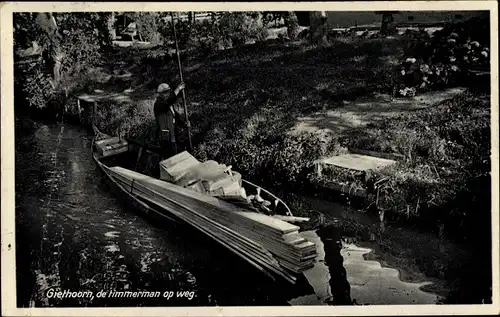 Ak Giethoorn Overijssel Niederlande, De timmerman op weg