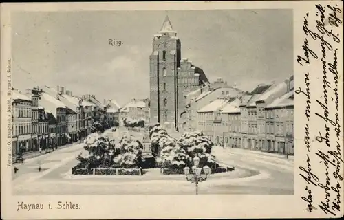 Ak Chojnów Haynau Schlesien, Ring, Winteransicht, Kirche