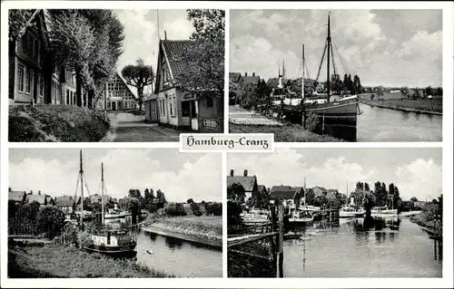 Ak Hamburg Harburg Cranz, Hafen, Schiffe vor Anker, Straßenpartie