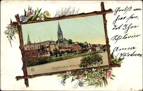 Passepartout Litho Mönchengladbach am Niederrhein, Teilansicht, Blumen