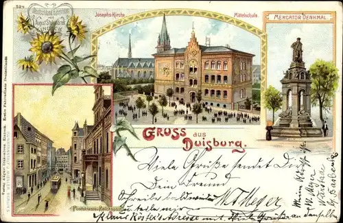 Litho Duisburg im Ruhrgebiet, Josephskirche, Mittelschule, Mercatordenkmal, Poststraße, Reichspost