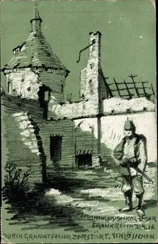Künstler Ak Durch Granatfeuer zerstörtes Schlösschen in Frankreich, Kriegsschauplatz I. WK, 1916