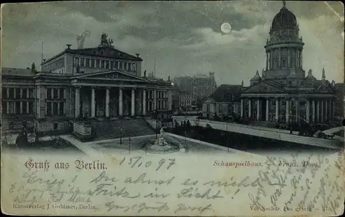 Mondschein Ak Berlin Mitte, Gendarmenmarkt, Schauspielhaus, Französischer Dom