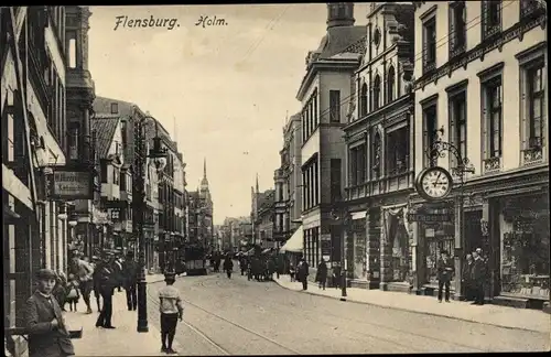 Ak Flensburg in Schleswig Holstein, Holm., Einkaufsstraße, Passanten