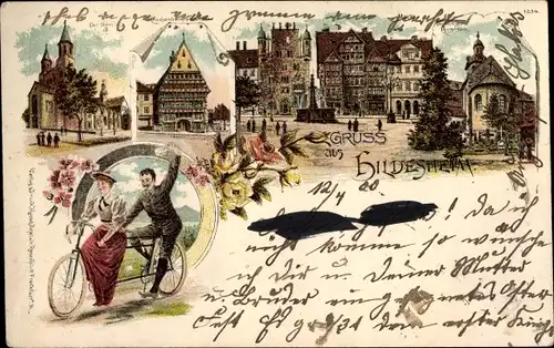 Litho Hildesheim in Niedersachsen, Altdeutsches Haus, Marktplatz, Haus am Andreasplatz, Tandem