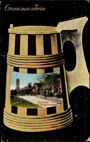 Passepartout Ak Jena, Bierkrug mit Forsthaus, Denkmal, Forsthaus mit Kriegerdenkmal