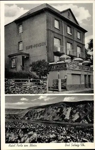 Ak Bad Salzig Boppard am Rhein, Hotel Perle am Rhein, Gesamtansicht, Bes. G. Messer