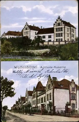 Ak Wolfenbüttel in Niedersachsen, Artillerie Kaserne, Gesamtansicht, Ufer u. Straßenseite