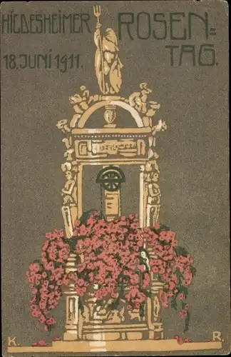 Künstler Ak Hildesheim in Niedersachsen, Rosentag 1911, Brunnen