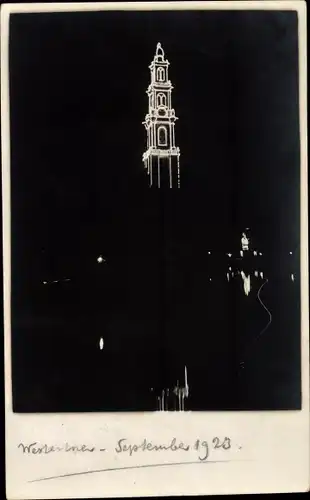 Ak Amsterdam Nordholland Niederlande, Westertoren 1923, Nacht