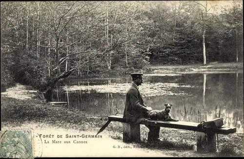 Ak Saint Germain Yvelines, Foret, La Mare aux Cannes, Mann mit Hund