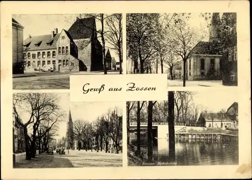 Ak Zossen in Brandenburg, Nottebrücke, Schule, Kirche, Straßenpartie