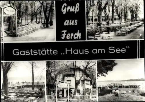 Ak Ferch Schwielowsee, Ansichten von der Gaststätte Haus am See, Biergarten, Bootsanlegestelle