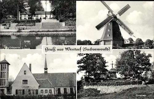 Ak Wentorf bei Hamburg, Windmühle, Ortspartie, Kirche, Ehrenmal