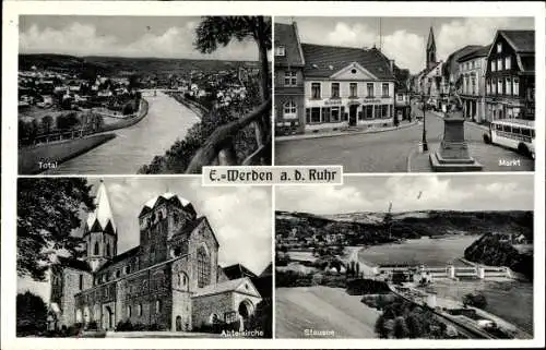 Ak Werden Essen im Ruhrgebiet, Markt, Totalansicht, Abteikirche, Stausee