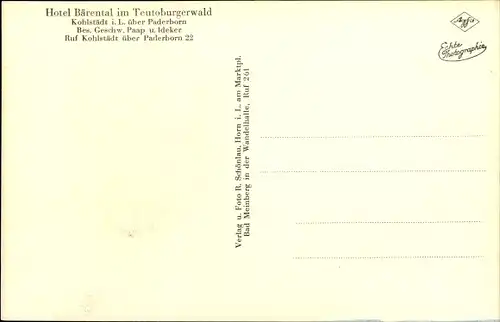 Ak Kohlstädt Schlangen im Teutoburger Wald, Hotel Bärental