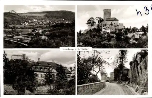 Ak Gamburg Werbach an der Tauber, Alte Burg, Totalansicht, Zufahrt zur Burg, Blick auf den Berg