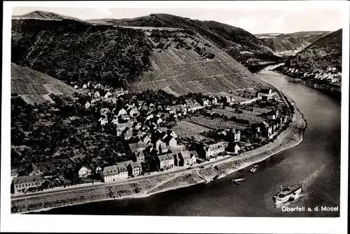 Ak Oberfell an der Mosel, Panorama, Binnenschiff