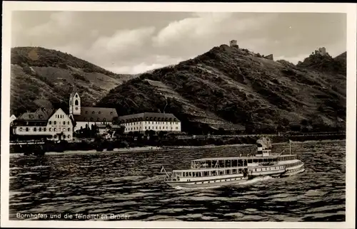 Ak Bornhofen am Rhein, feindliche Brüder, Ruine Sterrenberg und Liebenstein, Salondampfer