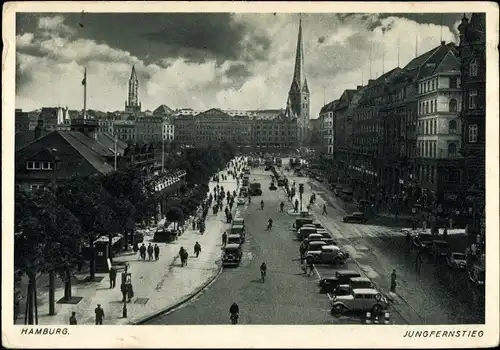 Ak Hamburg, Jungfernstieg, Straßenpartie, Blick zur Kirche