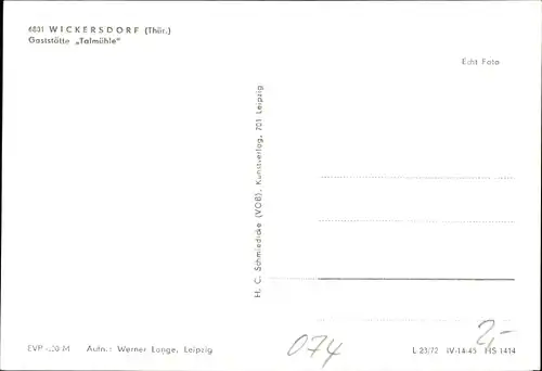 Ak Wickersdorf Saalfeld an der Saale Thüringen, Gaststätte Talmühle, Aussen- und Innenansicht