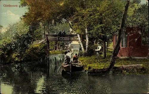 Ak Giethoorn Overijssel Niederlande, Fluss, Brücke, Ruderboot