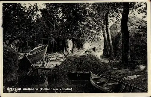 Ak Giethoorn Overijssel Niederlande, Ruderboote, Stroh, Haus