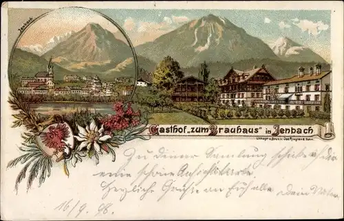 Litho Jenbach in Tirol, Gasthof zum Brauhaus, Blick auf den Ort