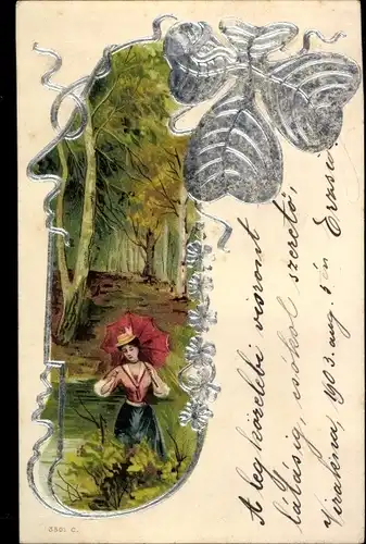 Präge Litho Kleeblatt, Frau mit Regenschirm