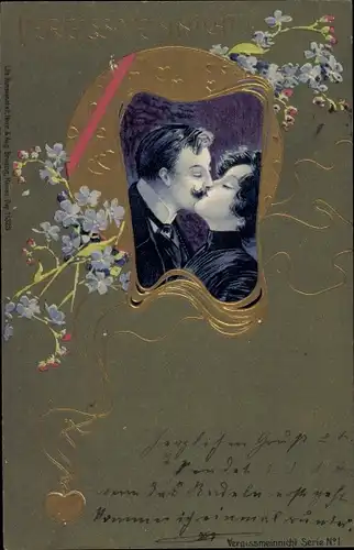 Jugendstil Präge Passepartout Litho Vergissmeinnicht, Kuss, Liebespaar
