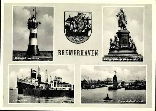 Ak Bremerhaven, Roter Sand Leuchtturm, Denkmal, Hafeneinfahrt, Columbuspier