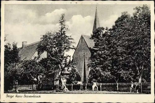 Ak Berge in Niedersachsen, Ortspartie, Kirche, Kühe, Bäume