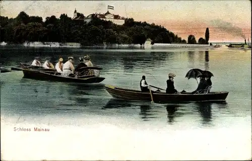 Ak Insel Mainau im Bodensee, Rudernde Gesellschaft mit Schloss Mainau im Hintergrund