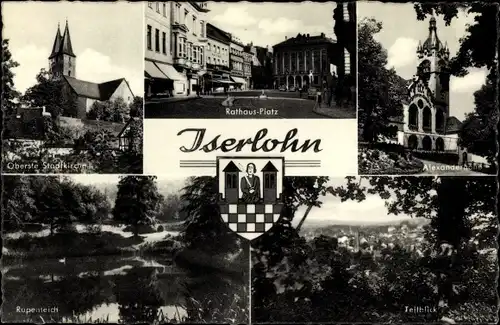 Wappen Ak Iserlohn im Märkischen Kreis, Rathaus-Platz, Alexanderhöhe, Rupenteich, Stadtkirche