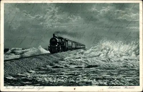 Ak Insel Sylt in Nordfriesland, D Zug auf dem Hindenburgdamm, Dampflok