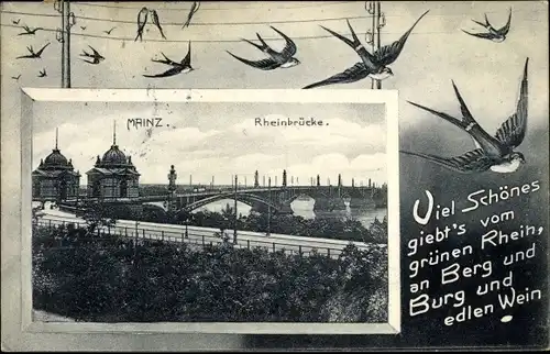 Passepartout Ak Mainz am Rhein, Rheinbrücke, Schwalben