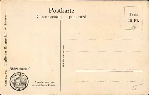 Künstler Ak Rave, Chr., Marine Galerie 98, Englisches Kriegsschiff, 16. Jahrhundert