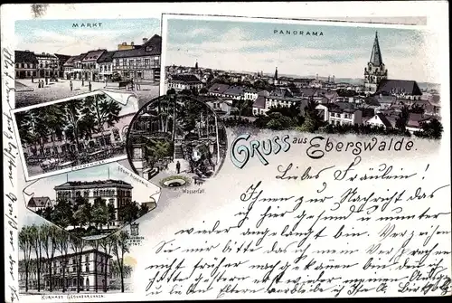 Litho Eberswalde im Kreis Barnim, Markt, Kurhaus, Hotel, Panorama, Wasserfall