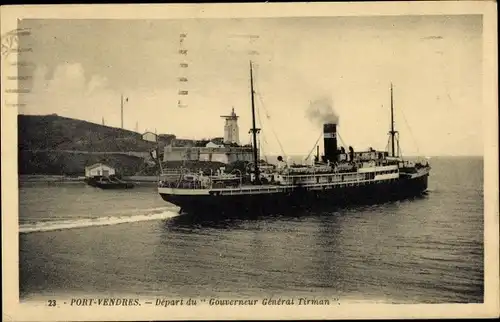 Ak Port Vendres Pyrénées Orientales, Depart du Gouverneur General Tirman. C. de Navigation Mixte