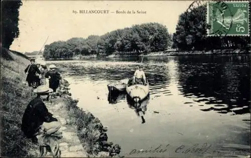 Ak Boulogne Billancourt Hauts de Seine, Bords de la Seine, Angler, Ruderboot