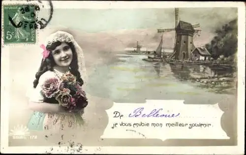 Ak Bellevue Hauts de Seine, Mädchen mit Rosenstrauß, Windmühle
