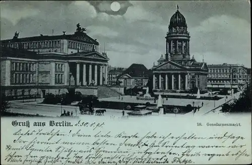 Mondschein Ak Berlin Mitte, Gendarmenmarkt, Schauspielhaus, Französischer Dom