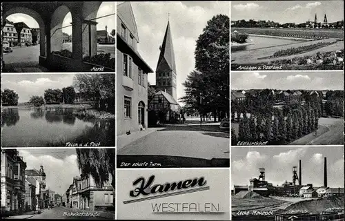 Ak Kamen in Westfalen, Zeche Monopol, Anlagen, schiefer Turm, Teich, Markt